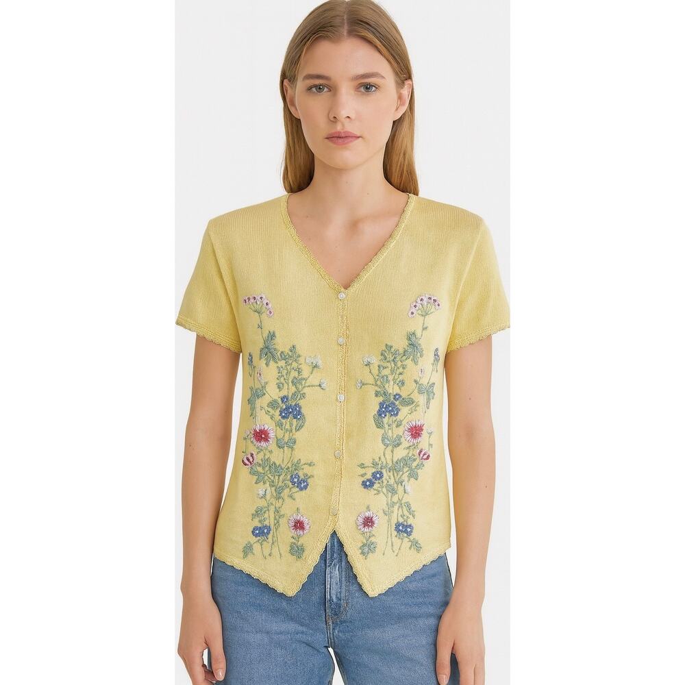 Vintage Floral Embroidered Button Down Knit Top Yellow Granny Cottagecore Dainty